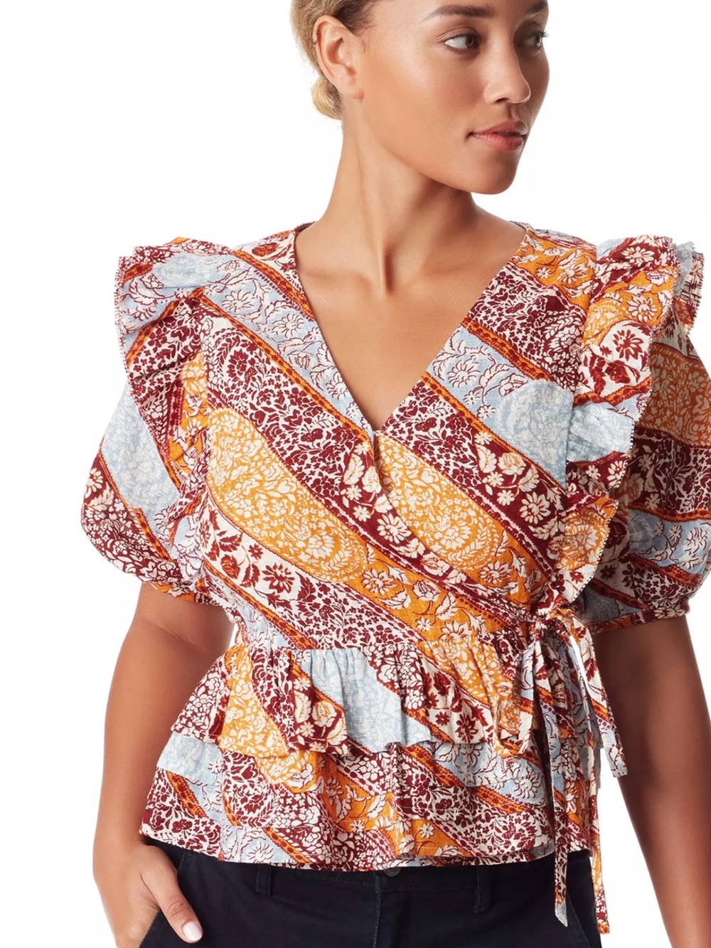 ***Sam Edelman RINA Boho Wrap Top in Fired Brick/ Heritage Stripe
